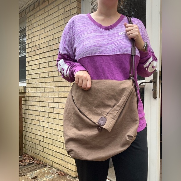 Asymmetrical Leather Cotton Canvas Brown Fold Over Crossbody Messenger Bag - Picture 13 of 16